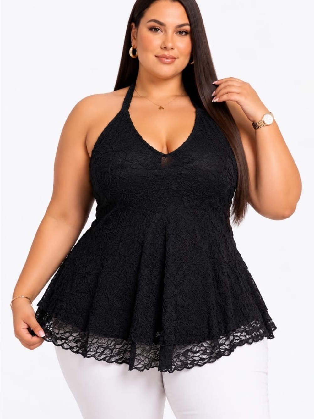 Plus Size Black Lace Halter Peplum Camisole